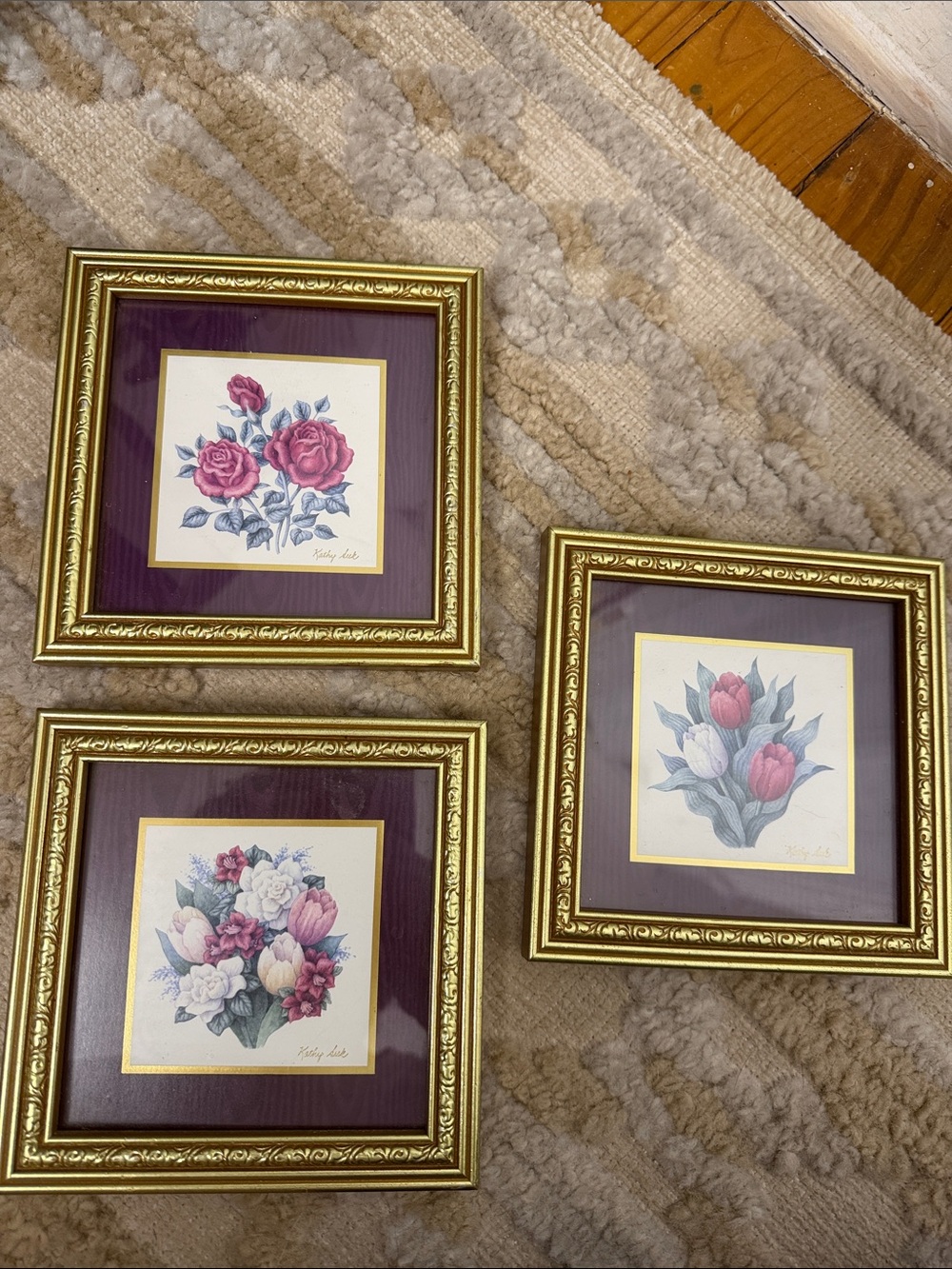 Gold Framed Floral Wall Art Set with Plum Matting set of 3